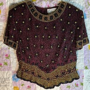 Papell Boutique Evening Burgundy 100% silk  beaded Embellished Top
